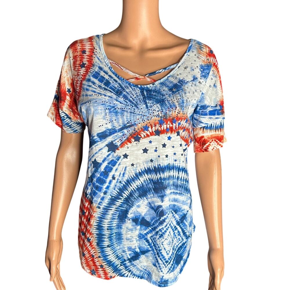 Onque Casual Red White Blue tie dye accented with rhinestones size P Med